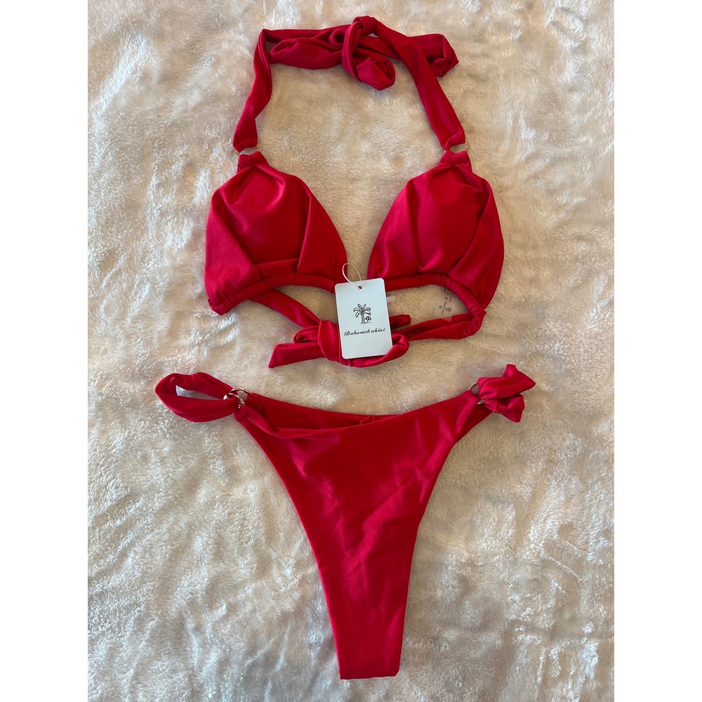 Bahomebakini Red Halter Triangle Bikini Set With Gold Rings New